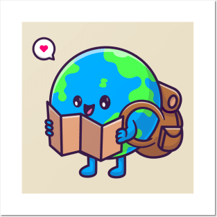 Cute Earth Globe Backpacker Holding Map Cartoon Posters and Art